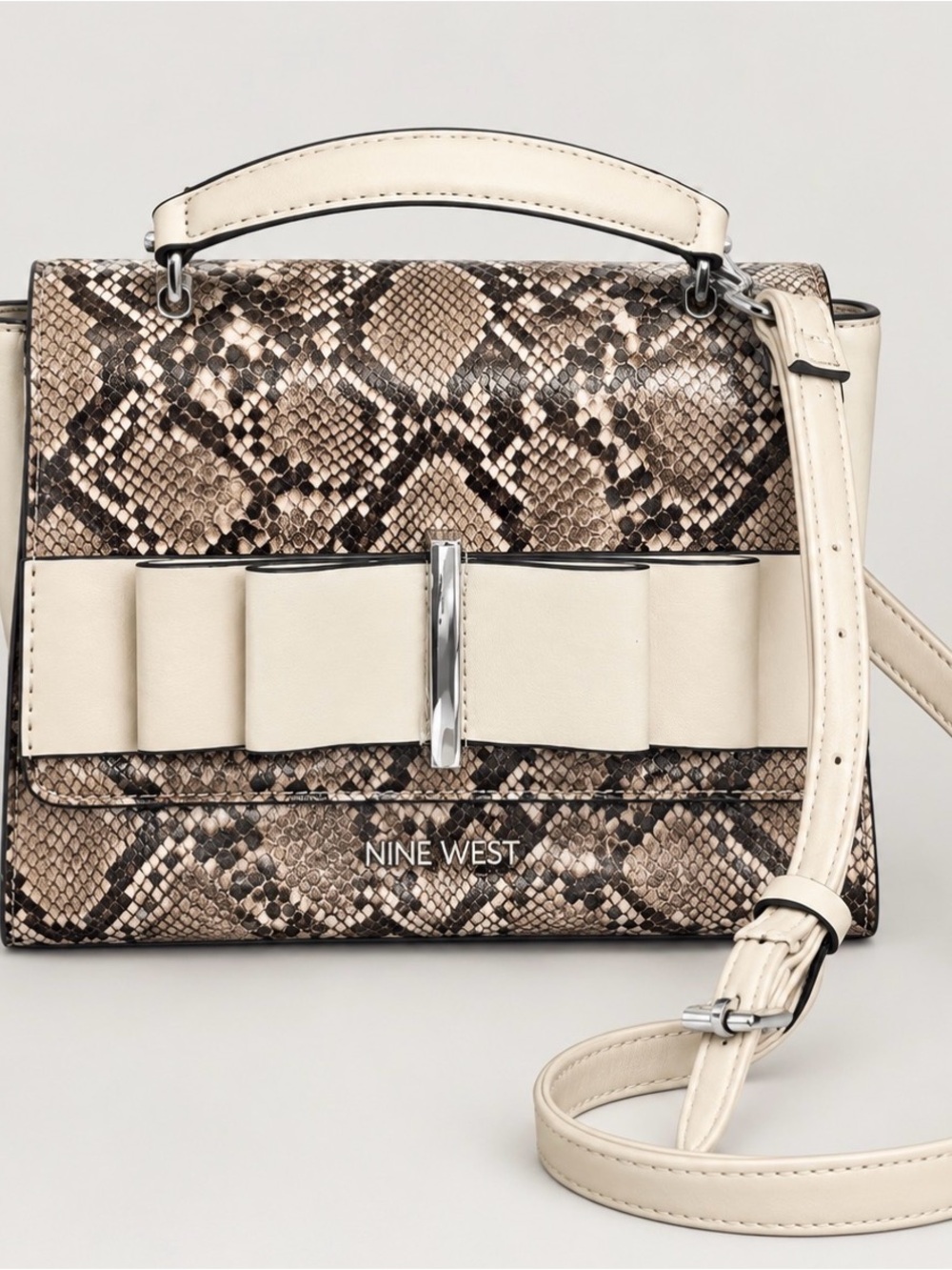 Nine West Snake-Print Satchel with Cream Bow Accent